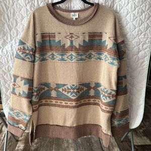 BKE Beige and Teal Patterned Sweater
